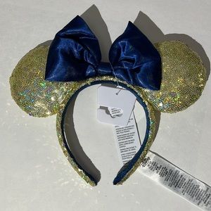 Disney 50th Anniversary Mickey Minnie Ears headband NWT gold sequins navy bow